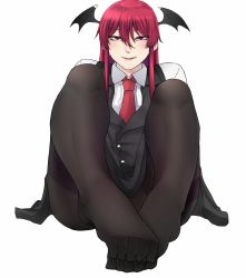 Rule 34 | 1girl, black pantyhose, head wings, highres, koakuma, legs, long hair, looking at viewer, mole, mole under eye, necktie, nicutoka, no shoes, pantyhose, red eyes, red hair, seductive smile, simple background, sitting, skirt, smile, solo, thighband pantyhose, toes, touhou, white background, wings