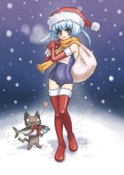 Rule 34 | 1girl, bag, boots, christmas, elbow gloves, gloves, kurayami joe, latex, latex gloves, lowres, one-piece swimsuit, original, red gloves, sack, santa costume, scarf, school swimsuit, snow, snowing, solo, swimsuit, thigh boots, thighhighs