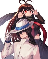 Rule 34 | 1boy, 1girl, absurdres, ahoge, black scarf, black shirt, black skirt, closed mouth, commentary request, double v, fate/grand order, fate (series), gloves, hair over one eye, hand to head, hands up, hat, highres, jacket, long sleeves, looking at viewer, navel, one eye covered, oryou (fate), ponytail, sakamoto ryouma (fate), scarf, shirt, simple background, skirt, smile, sookmo, v, white background, white gloves, white hat, white jacket