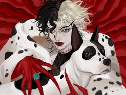 Rule 34 | 101 dalmatians, 1girl, ashva, black hair, blonde hair, claws, coat, cosplay, crossover, cruella de vil, cruella de vil (cosplay), danny (jojo), dio brando, dog, eyelashes, fur coat, genderswap, genderswap (mtf), gloves, highres, jewelry, jojo no kimyou na bouken, licking lips, looking at viewer, makeup, medium hair, multicolored hair, phantom blood, red background, red eyes, red gloves, red lips, ring, slit pupils, stitches, tongue, tongue out, two-tone hair, upper body