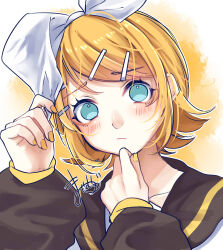 Rule 34 | :/, absurdres, aqua eyes, arm warmers, black sailor collar, black sleeves, blonde hair, bow, commentary, confused, hair bow, hair ornament, hairclip, head tilt, highres, holding, holding hair ornament, kagamine rin, looking at viewer, mai mugi, no pupils, sailor collar, sailor shirt, shirt, signature, swept bangs, vocaloid, white bow, yellow background, yellow nails