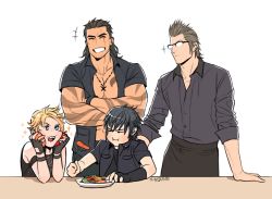 Rule 34 | 10s, 4boys, final fantasy, final fantasy xv, food, gladiolus amicitia, glasses, ignis scientia, male focus, multiple boys, noctis lucis caelum, prompto argentum, size difference, smile, table, tagme, vegetable