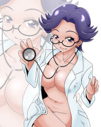 Rule 34 | 1girl, areola slip, breasts, davi (dokidoki! precure), db (dokidoki! precure), dokidoki! precure, earrings, female focus, female pubic hair, glasses, jewelry, lab coat, light smile, looking at viewer, navel, open clothes, pcwr etchy, precure, pubic hair, purple eyes, purple hair, short hair, smile, solo, stethoscope