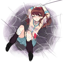 Rule 34 | 10s, 1girl, arisusama, arms up, bad id, bad pixiv id, bdsm, blush, bondage, bound, brown eyes, brown hair, high ponytail, kodama fumika, long hair, looking at viewer, one eye closed, parted lips, shorts, silk, sketch, solo, spider web, youkai watch
