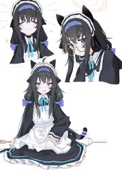Rule 34 | 1girl, absurdres, ahoge, alternate costume, animal ears, apron, aqua ribbon, bags under eyes, black dress, black hair, blue archive, blue bow, blue eyes, blue hairband, bow, broom, cat ears, cat tail, closed eyes, crossed bangs, dress, enmaided, fake tail, frilled apron, frills, hair between eyes, hair bow, hairband, highres, jitome, kemonomimi mode, kilabo, long sleeves, looking at viewer, low twintails, maid, maid apron, maid headdress, multiple views, neck ribbon, petticoat, ribbon, simple background, sitting, sleeves past wrists, socks, sweatdrop, tail, twintails, ui (blue archive), white apron, white background, white socks