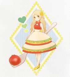 Rule 34 | 1girl, ayu (mog), bare shoulders, blonde hair, braid, cherry tomato, cleavage cutout, closed mouth, clothing cutout, flower, food, food-themed clothes, french braid, full body, hair flower, hair ornament, heart, high-waist skirt, high heels, layered skirt, long hair, looking at viewer, original, personification, polka dot, polka dot skirt, red shirt, sandwich, shirt, skirt, solo, standing, tomato, triangle cutout, yellow eyes, yellow footwear, yellow skirt