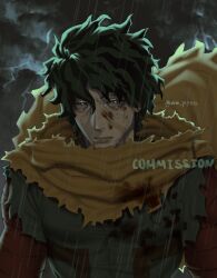 Rule 34 | 1boy, absurdres, artist name, blood, blood on clothes, blood on face, boku no hero academia, cape, closed mouth, commentary, commission, english commentary, english text, floating cape, freckles, green eyes, green hair, hair between eyes, highres, looking at viewer, male focus, midoriya izuku, outdoors, rain, short hair, solo, vam pipets, yellow cape