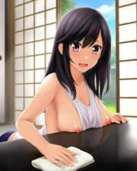 Rule 34 | 1girl, :d, bare shoulders, between breasts, black hair, blush, breast rest, breasts, brown eyes, cleaning, cleavage, clothes between breasts, collarbone, day, ichijou hotaru, indoors, large breasts, leaning forward, long hair, nipple slip, nipples, non non biyori, nonaka ritsu, open door, open mouth, reflection, shirt, sliding doors, smile, solo, table, tank top, white shirt