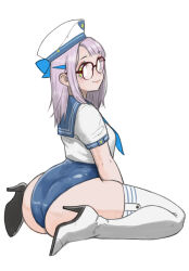 Rule 34 | 1girl, ass, ass focus, beret, blue leotard, blue neckerchief, blue sailor collar, blush, boots, breasts, closed mouth, commentary request, full body, glasses, goddess of victory: nikke, green eyes, hair ornament, hairclip, hat, high heel boots, high heels, highres, jacket, leotard, long hair, looking at viewer, looking back, medium breasts, medium hair, neckerchief, neon (nikke), one-piece swimsuit, over-rim eyewear, sailor collar, seiza, semi-rimless eyewear, shirt, short sleeves, sidelocks, sitting, smile, solo, swimsuit, thigh boots, toshinoshin, white background, white footwear, white hat, white shirt