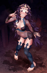 Rule 34 | 1girl, absurdres, arched back, black hair, black panties, black thighhighs, blush, bodystocking, breasts, cameltoe, cleavage, closed mouth, collarbone, covered navel, dark background, eyebrows, feet, female focus, fingernails, fire emblem, fire emblem fates, forehead, full body, gluteal fold, hand up, highres, imo karubi, indoors, long hair, looking at viewer, medium breasts, messy hair, nintendo, nyx (fire emblem), panties, red eyes, revealing clothes, sandals, see-through, solo, standing, stone floor, stone wall, table, thighhighs, thighs, tiara, toeless footwear, toenails, toes, underwear, veil, very long hair, wall, wet