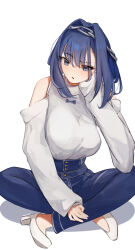 Rule 34 | 1girl, bare shoulders, blue eyes, blue hair, chain, crossed legs, denim, hand on own cheek, hand on own face, highres, hololive, hololive english, jeans, long sleeves, looking at viewer, malvar, official alternate costume, ouro kronii, ouro kronii (casual), pants, shirt, short hair, simple background, sitting, solo, virtual youtuber, white background, white shirt