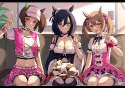 Rule 34 | 3girls, absurdres, animal, animal ears, animal on lap, bare shoulders, belt, blue eyes, blue hair, blush, bow, bowtie, breasts, brooch, brown eyes, brown hair, calico, cat, center frills, choker, cleavage, collarbone, collared dress, couch, crop top, cropped jacket, dark blue hair, dress, ear bow, ear covers, eishin flash (umamusume), eyeshadow, frills, green eyes, grin, hair between eyes, highres, horse ears, horse girl, horse tail, indoors, ines fujin (umamusume), isana615, jewelry, large breasts, long hair, looking at viewer, makeup, midriff, miniskirt, multiple girls, on lap, open mouth, ponytail, short dress, short sleeves, side ponytail, single ear cover, sitting, skirt, smart falcon (umamusume), smile, tail, thigh strap, thighhighs, umamusume, v, visor, white belt, wristband, zettai ryouiki