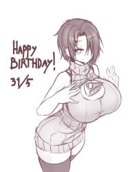 Rule 34 | 1girl, bare shoulders, borrowed character, breasts, cake, commentary, dated, english commentary, food, greyscale, hair over one eye, happy birthday, highres, huge breasts, looking at viewer, monochrome, object on breast, original, ribbed sweater, saya (twrlare), short hair, sketch, sleeveless, smile, solo, sub-res, sweater, thighhighs