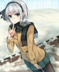 Rule 34 | 1girl, alternate costume, bare tree, black pantyhose, black ribbon, blunt bangs, blush, breath, brown coat, buttons, casual, coat, cowboy shot, dutch angle, fringe trim, green eyes, green scarf, green skirt, hair between eyes, hair ribbon, highres, index finger raised, konpaku youmu, long sleeves, looking at viewer, miniskirt, nose blush, outdoors, pantyhose, parted lips, path, plaid, plaid scarf, pleated skirt, ribbon, rinarisa, road, scarf, silver hair, skirt, snow, solo, standing, tareme, touhou, tree, winter, winter clothes, winter coat