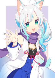 Rule 34 | 1girl, :d, ahoge, animal ear fluff, animal ears, blue eyes, blue hair, blue skirt, breasts, cleavage, cleavage cutout, clothing cutout, commentary request, detached sleeves, gradient hair, grey hair, hair between eyes, hand up, highres, kusumoto shizuru, long hair, looking at viewer, multicolored hair, open clothes, open mouth, original, pleated skirt, purple scarf, ribbon-trimmed sleeves, ribbon trim, scarf, side ponytail, skirt, small breasts, smile, solo, streaked hair, tail, white sleeves