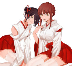 Rule 34 | 2girls, 4chi, alternate costume, black hair, breasts, brown eyes, brown hair, chainsaw man, chin rest, dress, green eyes, hair between eyes, hair bun, hair ornament, hair over one eye, head on head, head rest, head tilt, highres, japanese clothes, large breasts, light smile, looking at viewer, makima (chainsaw man), medium hair, miko, multiple girls, one eye covered, red dress, red ribbon, reze (chainsaw man), ribbon, ringed eyes, short hair, simple background, single hair bun, small breasts, thighhighs, white background, white dress, white legwear