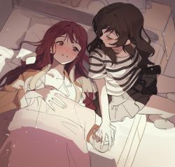 Rule 34 | 2girls, bed, black skirt, blush, brown hair, commentary request, from above, hano9789, highres, holding hands, idolmaster, idolmaster million live!, kitazawa shiho, korean commentary, light particles, long hair, looking at another, multiple girls, pajamas, parted lips, pillow, purple eyes, purple hair, shirt, short sleeves, skirt, striped clothes, striped shirt, sweat, tanaka kotoha, under covers, white shirt, yellow shirt, yuri