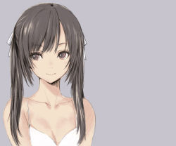 Rule 34 | 1girl, bare shoulders, black hair, breasts, brown eyes, collarbone, grey background, hair ribbon, kawata hisashi, long hair, original, ribbon, simple background, sketch, small breasts, smile, solo, twintails, upper body