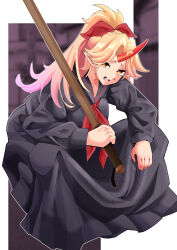 Rule 34 | 1girl, absurdres, black sailor collar, black skirt, blonde hair, bokken, commentary request, delinquent, fang, fugaku (miko no miyatsuguchi), gradient hair, hair tie, highres, holding, holding sword, holding weapon, horns, hoshiguma yuugi, long hair, long skirt, looking at viewer, multicolored hair, oni, oni horns, open mouth, pleated skirt, pointy ears, ponytail, red horns, sailor collar, school uniform, single horn, skirt, solo, squatting, star (symbol), sukeban, sword, touhou, weapon, wooden sword