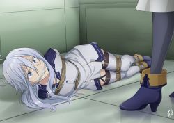 Rule 34 | 1girl, 86 -eightysix-, absurdres, antenna hair, bdsm, blue eyes, blue hair, bondage, bound, breasts, gag, gagged, garter straps, hair between eyes, highres, kidnapped, large breasts, long hair, lying, military, military uniform, parted bangs, rope, signature, skirt, thighhighs, thighs, tied, uniform, vakaosciosa, vladilena millize
