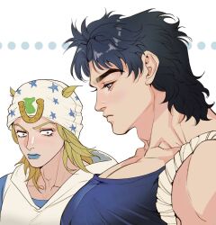 Rule 34 | ..., 2boys, black hair, blonde hair, blue eyes, blue lips, bursting pectorals, from side, hat, highres, johnny joestar, jojo no kimyou na bouken, jonathan joestar, large pectorals, looking at another, looking at pectorals, looking down, male focus, meme, mullet, multiple boys, muscle envy, muscular, muscular male, name connection, pectoral cleavage, girl staring at guys chest (meme), pectoral focus, pectorals, phantom blood, spadelake, staring, steel ball run