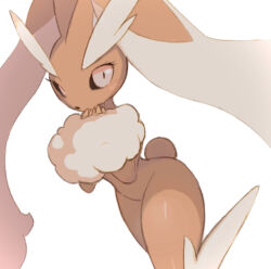 Rule 34 | 1girl, aberu (ycrr3542), animal nose, blush, body fur, brown fur, creatures (company), female focus, furry, furry female, game freak, gen 4 pokemon, groin, hand to own mouth, hands up, leg up, light blush, long ears, looking at viewer, lopunny, nintendo, own hands together, pink eyes, pokemon, pokemon (creature), rabbit ears, rabbit girl, rabbit tail, shiny skin, simple background, solo, standing, standing on one leg, thick thighs, thighs, two-tone fur, white background, white fur