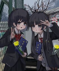 Rule 34 | 2girls, black hair, black jacket, black skirt, bow, bowtie, building, certificate, chain-link fence, collared shirt, cowboy shot, day, fence, flower, graduation, grey eyes, hand up, highres, holding, holding flower, jacket, long hair, long sleeves, looking at viewer, medium hair, muika zukin, multiple girls, necktie, open mouth, original, outdoors, parted lips, red bow, red bowtie, red necktie, school uniform, shirt, skirt, standing, tree, twitter username, v, yellow flower