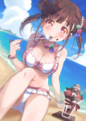 Rule 34 | 1girl, :q, beach, bikini, blush, bracelet removed, breasts, brown hair, chocolate, chocolate chip, chocolate syrup, double bun, dutch angle, eating, food, food-themed hair ornament, food-themed necklace, food on face, frilled bikini, frills, fruit, groin, hair bun, hair ornament, horizon, ice cream, ice cream spoon, idolmaster, idolmaster shiny colors, kitahara tomoe (kitahara koubou), large breasts, looking at viewer, macaron, macaron hair ornament, medium hair, nail polish, outdoors, red eyes, sitting, solo, sonoda chiyoko, spoon, strawberry, sundae, swimsuit, tongue, tongue out, twintails, twitter username, water