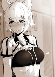 Rule 34 | 1girl, absurdres, animal ears, blazblue, blurry, blush, breasts, breath, cleavage, clothes lift, collarbone, depth of field, embarrassed, hair between eyes, highres, indoors, locker, locker room, looking away, looking to the side, makoto nanaya, medium breasts, monochrome, nose blush, parted lips, purinnssu, sepia, shirt lift, short hair, short sleeves, solo, sports bra, squirrel ears, sweat, tareme, tears, toned, upper body, wing collar