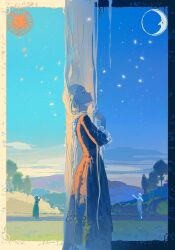 Rule 34 | 1boy, 2girls, arm behind back, arm up, bird, blonde hair, blue border, blue sky, border, breasts, clear sky, cloak, closed mouth, cloud, cloudy sky, crescent, crescent moon, dress, expressionless, field, flower, flower necklace, gradient sky, highres, hood, hooded cloak, jewelry, lei, long dress, long hair, long sleeves, looking up, medium breasts, moon, mountain, mountainous horizon, multiple girls, necklace, night, night sky, original, outdoors, outside border, scenery, sheya tin, sky, standing, star (sky), starry sky, sun, sun symbol, tree