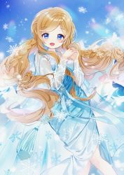 Rule 34 | 1girl, :d, bad id, bad pixiv id, blue dress, blue eyes, blue sky, blush, braid, breasts, cloud, cloudy sky, commission, day, dress, hands up, haruri, highres, light brown hair, long hair, long sleeves, looking at viewer, low twintails, open mouth, original, outdoors, see-through, see-through sleeves, sky, small breasts, smile, snowflakes, solo, twintails, very long hair