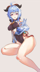 Rule 34 | ahoge, bare legs, bare shoulders, bell, blue hair, blush, breasts, chinese knot, covered navel, curled horns, detached sleeves, flower knot, ganyu (genshin impact), genshin impact, gold trim, highres, horns, jamgom, leotard, lifting own clothes, looking at viewer, medium breasts, neck bell, no gloves, purple eyes, sidelocks, simple background, sitting, solo, vision (genshin impact), white sleeves, yokozuwari