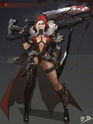 Rule 34 | 1girl, asymmetrical legwear, bayonet, blood, boots, breasts, cleavage, dagger, fur collar, gun, highleg, highleg leotard, highres, holding, holding weapon, knife, large breasts, leotard, little red riding hood, little red riding hood (grimm), looking at viewer, medium hair, red eyes, red hood, revealing clothes, simple background, smile, smjim1986, solo, tattoo, thighs, weapon, white hair