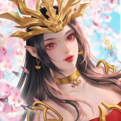 Rule 34 | 1girl, absurdres, artist request, black hair, blue sky, cai lin (doupo cangqiong), cherry blossoms, closed mouth, collar, doupo cangqiong, dress, earrings, falling petals, hair ornament, highres, jewelry, long hair, metal collar, petals, pointy ears, red dress, red eyes, second-party source, sky, smile, solo, upper body