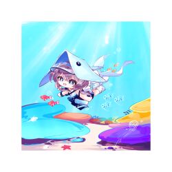 Rule 34 | 1girl, :d, arknights, blue eyes, border, bright pupils, chibi, dress, fish, highres, jellyfish, long hair, looking at viewer, nazo no hana, open mouth, purestream (arknights), purple hair, smile, solo, swimming, underwater, white border, white dress, white pupils