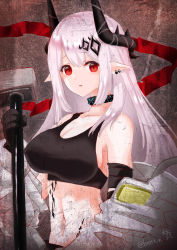 Rule 34 | 1girl, arknights, bare shoulders, black collar, black gloves, black tank top, bodysuit, breasts, cleavage, collar, collarbone, commentary request, covered erect nipples, crop top, ear piercing, gloves, hair between eyes, hair ornament, hamititi nyanko, hammer, highres, holding, holding hammer, horns, infection monitor (arknights), large breasts, long hair, looking at viewer, material growth, midriff, mudrock (arknights), mudrock (elite ii) (arknights), navel, off shoulder, oripathy lesion (arknights), parted lips, piercing, pointy ears, red eyes, sidelocks, silver hair, sledgehammer, solo, standing, tank top, twitter username, upper body, white bodysuit