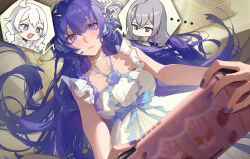 Rule 34 | ..., 3girls, :d, ?, ??, ahoge, bare shoulders, bed, blue eyes, braid, bronya zaychik, closed mouth, collarbone, commentary request, controller, dress, earrings, frilled dress, frills, from above, game controller, grey eyes, grey hair, headphones, highres, holding, holding controller, holding game controller, honkai (series), honkai impact 3rd, jewelry, kiana kaslana, kuroduki (pieat), long hair, lying, multiple girls, nail polish, nintendo switch, on back, open mouth, pillow, purple eyes, purple hair, purple nails, raiden mei, smile, third-party source, twin braids, white dress, white hair