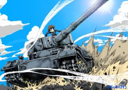Rule 34 | 1girl, action, blue jacket, blue sky, brown hair, cloud, cloudy sky, commentary request, day, girls und panzer, grin, highres, jacket, long sleeves, military, military uniform, military vehicle, motion blur, motor vehicle, nakajima (girls und panzer), ooarai military uniform, outdoors, short hair, sky, smile, solo, sun, tank, tiger (p), twitter username, uniform, yamakake (tororo1293)