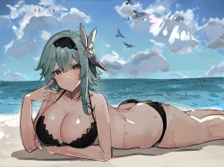 Rule 34 | 1girl, ass, bare arms, bare legs, bare shoulders, beach, bikini, black bikini, black hairband, blue hair, blue sky, blush, breasts, brown eyes, cleavage, cloud, commentary request, day, eula (genshin impact), feet out of frame, genshin impact, hair ornament, hairband, hand up, head tilt, highres, large breasts, looking at viewer, lying, ocean, on stomach, partial commentary, short hair, sky, solo, swimsuit, the olphy, thighs, water