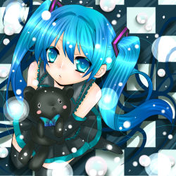 Rule 34 | 1girl, blue eyes, blue hair, blush, checkered background, colorized, detached sleeves, from above, hatsune miku, long hair, matching hair/eyes, necktie, skirt, snowing, solo, stuffed animal, stuffed toy, teddy bear, thighhighs, twintails, vocaloid, yuumi kaname, zettai ryouiki