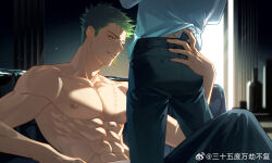 Rule 34 | 2boys, abs, alternate eye color, ass, earrings, from side, green hair, gun, highres, jewelry, jun (kokage), large pectorals, male focus, multiple boys, muscular, muscular male, nipples, obliques, one piece, out of frame, pectorals, red eyes, roronoa zoro, scar, scar across eye, seductive smile, short hair, sideburns, single earring, smile, smirk, solo focus, topless male, undressing, upper body, weapon, yaoi