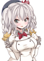 Rule 34 | 10s, 1girl, blue eyes, breasts, crazy developers, epaulettes, female focus, hat, highres, kantai collection, kashima (kancolle), large breasts, long hair, military, military uniform, silver hair, smile, solo, twintails, uniform, wavy hair