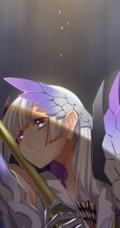 Rule 34 | 1girl, armor, brynhildr (fate), brynhildr romantia, closed mouth, commentary, cross akiha, expressionless, fate/grand order, fate (series), gauntlets, headpiece, holding, holding polearm, holding spear, holding weapon, long hair, polearm, purple eyes, silver hair, simple background, solo, spear, weapon