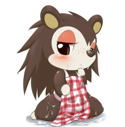 Rule 34 | 1girl, animal crossing, animal ears, animal hands, apron, averting eyes, bare shoulders, barefoot, blush, body fur, breasts, brown eyes, brown fur, brown hair, cameltoe, collarbone, covered navel, embarrassed, female focus, freckles, full body, furry, furry female, half-closed eyes, hand up, long hair, looking down, looking to the side, naked apron, nintendo, plaid, plaid apron, red apron, sable able (animal crossing), shiny skin, simple background, sitting, small breasts, solo, spread legs, tail, thick thighs, thighs, two-tone fur, ukan muri, wariza, water, wet, wet clothes, white background