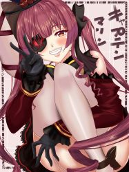Rule 34 | 1girl, absurdres, ankle bow, ankle ribbon, black border, black gloves, black skirt, blush, border, bow, brown eyes, detached sleeves, drill hair, drill sidelocks, eyepatch, fang, garter straps, gloves, grin, hat, highres, hololive, houshou marine, kamiesisyanon, leg hold, leg ribbon, leg up, lips, long hair, looking at viewer, red eyes, red hair, ribbon, ringlets, sidelocks, skirt, smile, solo, tan background, thighhighs, translated, twintails, v, very long hair, virtual youtuber, white thighhighs