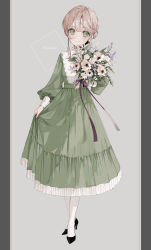 Rule 34 | 1girl, absurdres, black footwear, black ribbon, blonde hair, bouquet, center frills, closed mouth, commentary, dress, english text, flower, frilled dress, frills, full body, green dress, green eyes, grey background, hair bun, hair ribbon, head tilt, high heels, highres, holding, holding bouquet, kyuumura, long sleeves, looking at viewer, original, pantyhose, puffy long sleeves, puffy sleeves, ribbon, short hair, sidelocks, skirt hold, smile, solo, standing, white pantyhose