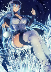 Rule 34 | 10s, 1girl, akame ga kill!, blue eyes, blue hair, boots, breasts, choker, cleavage, crossed legs, esdeath, genyaky, hat, highres, ice, large breasts, long hair, looking at viewer, matching hair/eyes, peaked cap, pencil skirt, sitting, skirt, solo, sword, thigh boots, thighhighs, very long hair, weapon, white thighhighs, ze, zettai ryouiki