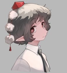 Rule 34 | 1girl, black necktie, blouse, collared shirt, commentary request, frogsnake, grey background, grey hair, hat, light smile, looking at viewer, looking to the side, necktie, pointy ears, pom pom (clothes), portrait, profile, red eyes, shameimaru aya, shirt, short hair, simple background, solo, tassel, tokin hat, touhou, wavy hair, white shirt