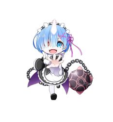 Rule 34 | 1girl, :d, apron, ball and chain (weapon), black dress, black footwear, black sleeves, blue eyes, blue hair, chibi, detached sleeves, dress, frilled dress, frills, hair ornament, hair over one eye, hair ribbon, hairclip, heterochromia, highres, juliet sleeves, kuena, long sleeves, open mouth, pantyhose, pink ribbon, puffy sleeves, re:zero kara hajimeru isekai seikatsu, red eyes, rem (re:zero), ribbon, shoe soles, shoes, simple background, smile, solo, spiked ball and chain, v-shaped eyebrows, waist apron, white apron, white background, white pantyhose, wide sleeves, x hair ornament