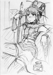 Rule 34 | 1girl, anri, anri (pixiv47379), arm support, armor, armpits, bad id, bad pixiv id, blush, china dress, chinese clothes, cosplay, couch, detached sleeves, dress, earrings, flat chest, genshiken, greyscale, hair ornament, headdress, hoop earrings, ink, jewelry, monochrome, ogiue chika, oui, oui (character), oui (cosplay), pen, pikapoo, ribbon, sangokushi taisen, sitting, sketch, solo, sweat, thighhighs, zettai ryouiki